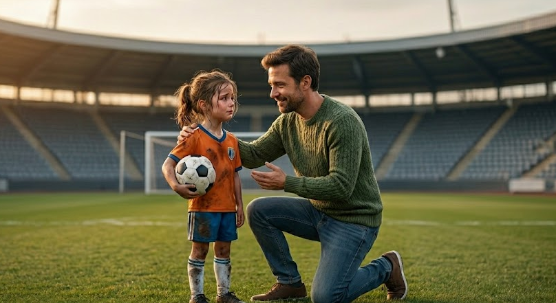trener wspierający, pocieszający młodą smutną piłkarkę z piłką przy sobie na stadionie.